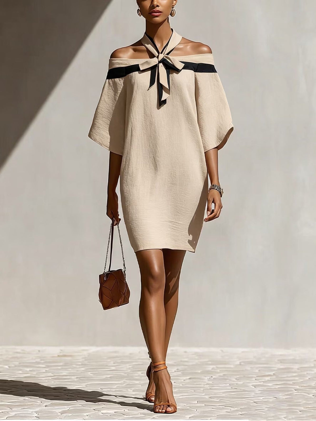 One Shoulder Bow Collar A-Line Dress – Short Sleeve Mini