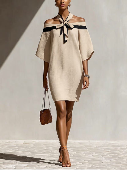 One Shoulder Bow Collar A-Line Dress – Short Sleeve Mini