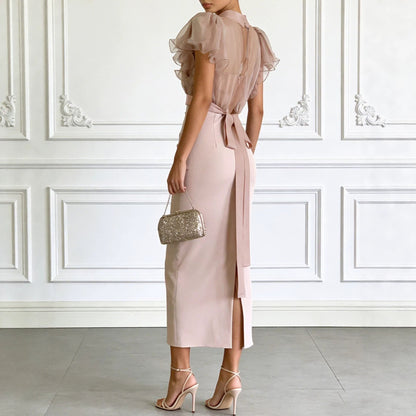 Pink Mesh Lace-Up Waist Two-Piece Dress Set – Elegant Long Skirt & Top