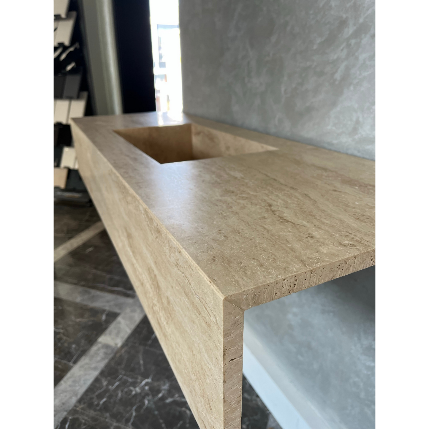 Travertine Beige Handcrafted Custom Bathroom Vanity Sink - Vein-Cut Natural Stone