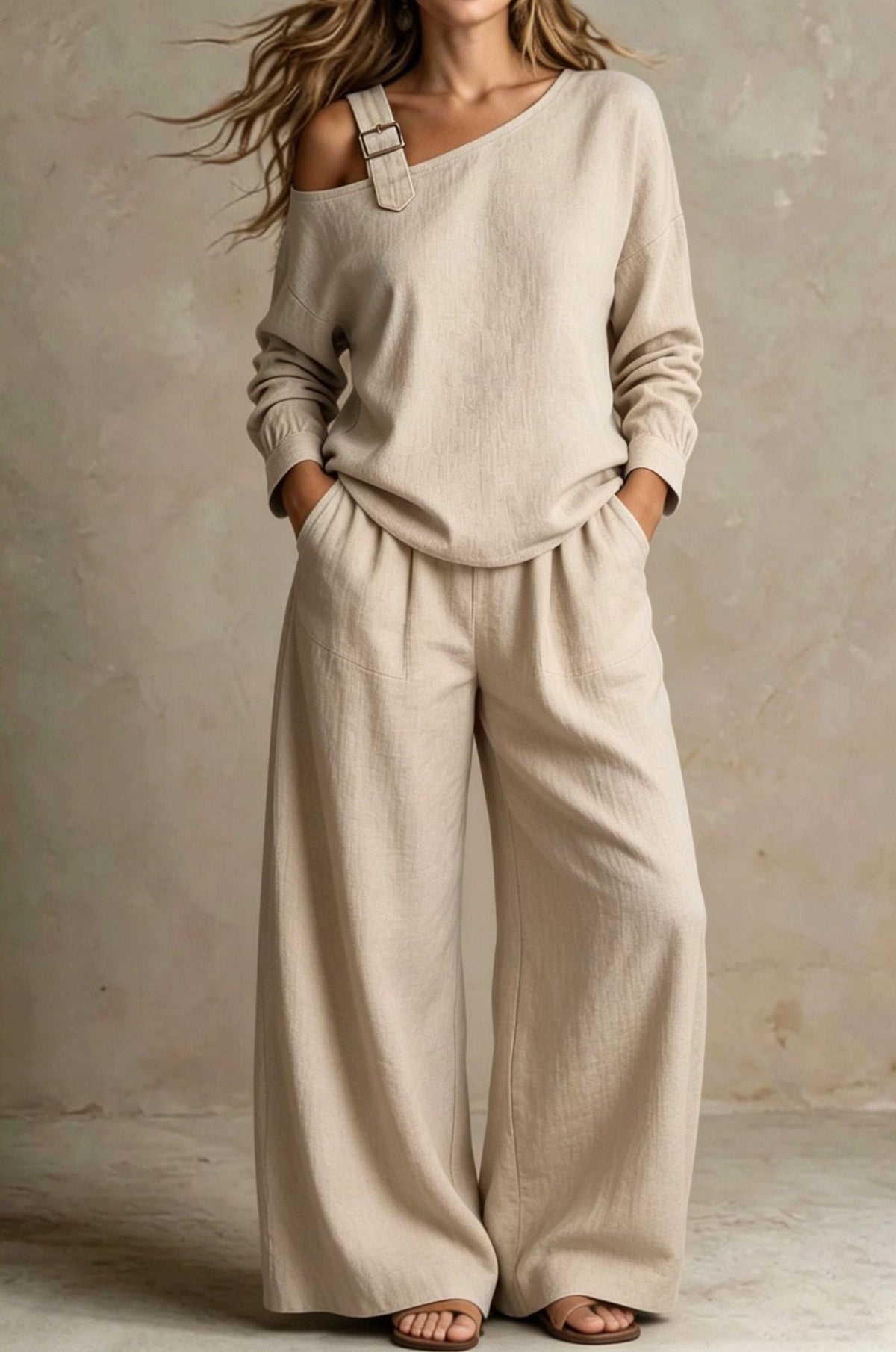 Women's One-Shoulder Buckle-Strap Long-Sleeve Linen Blend Top & Wide-Leg Palazzo Trouser Set