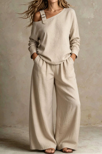 Women's One-Shoulder Buckle-Strap Long-Sleeve Linen Blend Top & Wide-Leg Palazzo Trouser Set