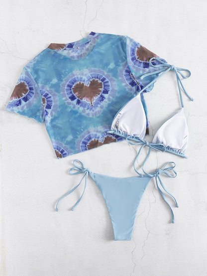 Bikini Three Piece Short Sleeve Sun Protective Blouse Bikini Swimsuit Split Swimsuit