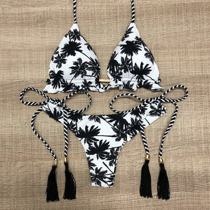 Leopard Print Bikini Solid Color Women Swimsuit Sexy Lace-up Swimwear Split Bikini