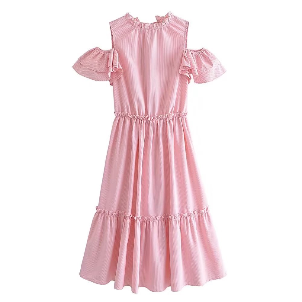 Women Clothing Summer Elegant Socialite Striped Flounced Sleeve Backless Ruffled Stitching Dress
