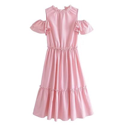 Women Clothing Summer Elegant Socialite Striped Flounced Sleeve Backless Ruffled Stitching Dress