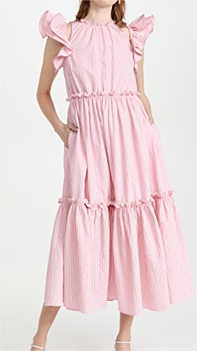 Women Clothing Summer Elegant Socialite Striped Flounced Sleeve Backless Ruffled Stitching Dress