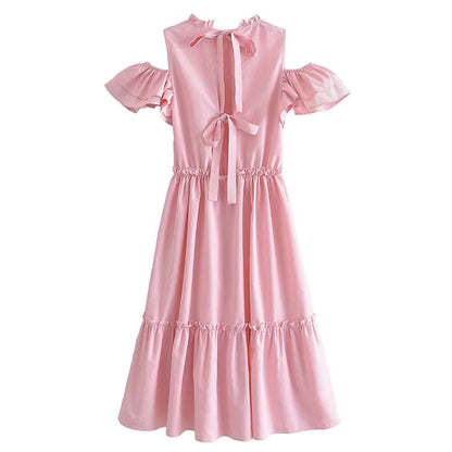 Women Clothing Summer Elegant Socialite Striped Flounced Sleeve Backless Ruffled Stitching Dress