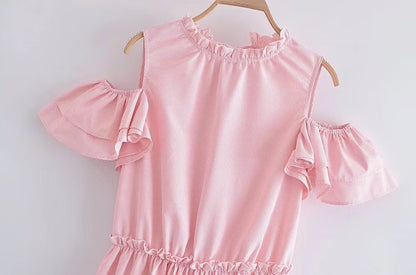 Women Clothing Summer Elegant Socialite Striped Flounced Sleeve Backless Ruffled Stitching Dress