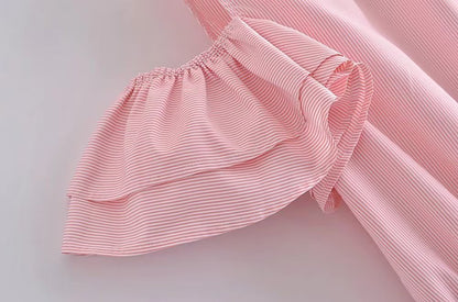 Women Clothing Summer Elegant Socialite Striped Flounced Sleeve Backless Ruffled Stitching Dress