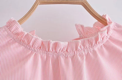 Women Clothing Summer Elegant Socialite Striped Flounced Sleeve Backless Ruffled Stitching Dress