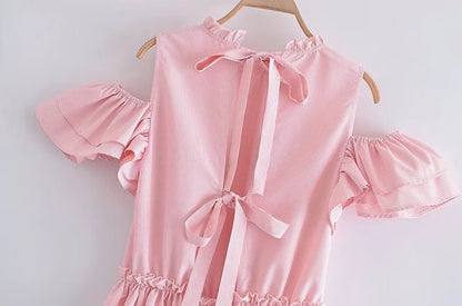 Women Clothing Summer Elegant Socialite Striped Flounced Sleeve Backless Ruffled Stitching Dress