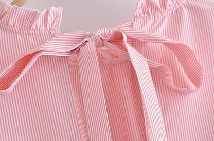 Women Clothing Summer Elegant Socialite Striped Flounced Sleeve Backless Ruffled Stitching Dress
