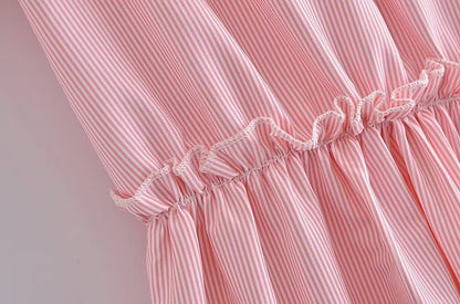 Women Clothing Summer Elegant Socialite Striped Flounced Sleeve Backless Ruffled Stitching Dress