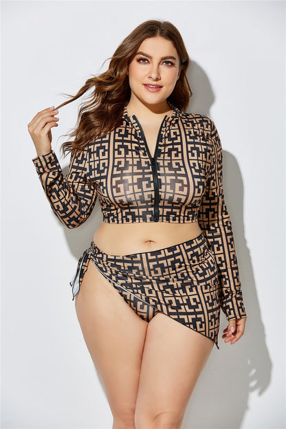 Plus Size Swimsuit Sexy Printed Bikini Split Swimsuit Headband Tie Waist Triangular Binder Three-Piece Suit