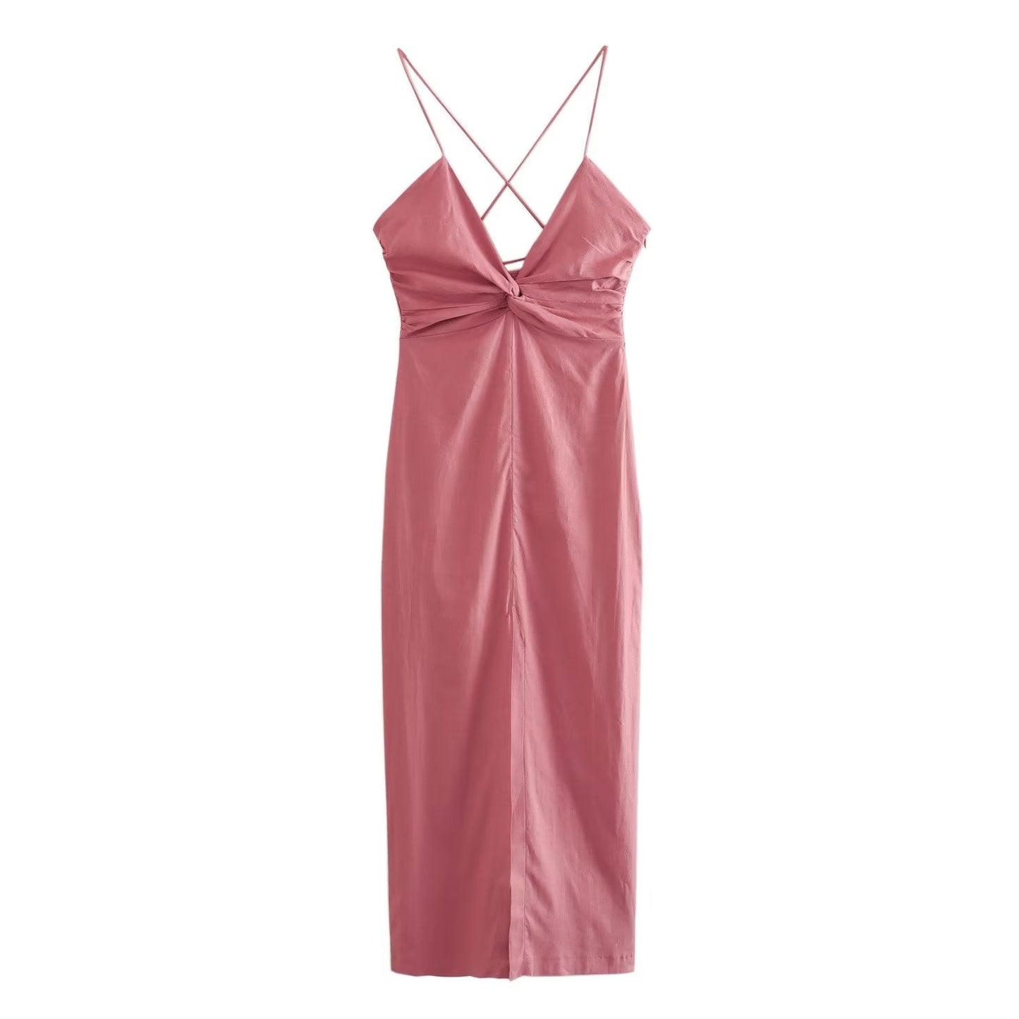 Summer Chest Bow Tie Design Cami Dress Cotton Blend High Waist Slit Maxi Dress