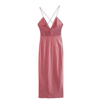 Summer Chest Bow Tie Design Cami Dress Cotton Blend High Waist Slit Maxi Dress