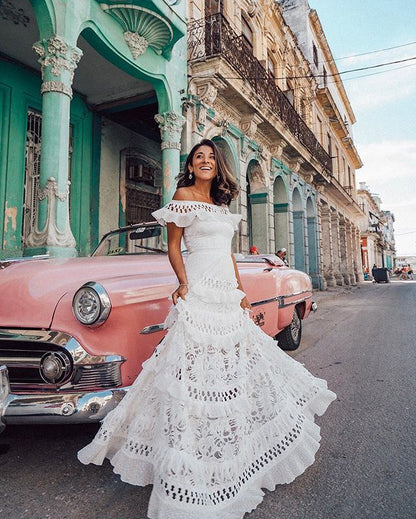 Summer Women Clothing off Shoulder Ruffled Hollow Out Cutout Wide Hem Lace Long Dress