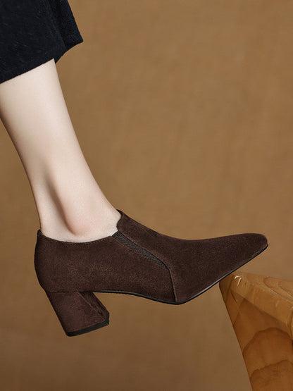 Women's Suede Pointed Toe Chunky Heel Pumps – Deep Vamp Low Heel
