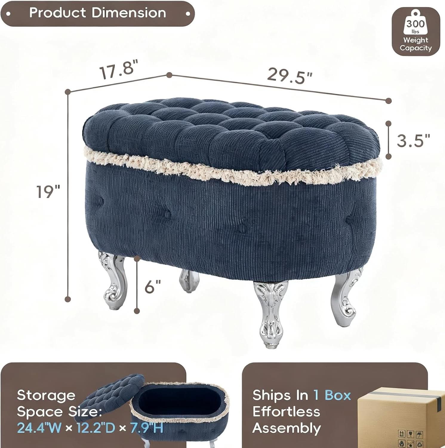 Blue 29.5 Inch Upholstered Storage Ottoman Cushion