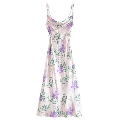 Summer Printed Satin Strap Dress Lace up Backless Sexy Dress