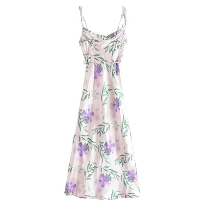 Summer Printed Satin Strap Dress Lace up Backless Sexy Dress