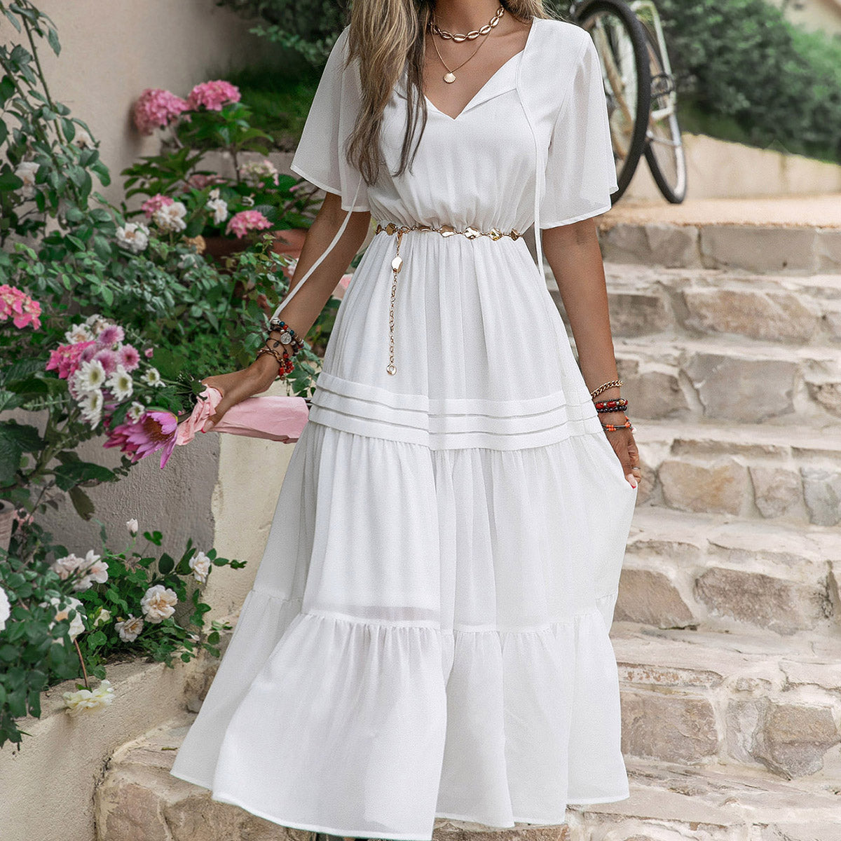 Mixed Elegant Princess French Royal Pure White Waist Drawstring Slimming Nightdress Dress