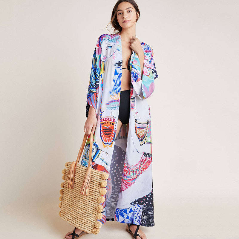 Rayon Printed Mid Length Beach Sun Protection Cardigan Beach Cover Up Swimsuit Outwear Shawl