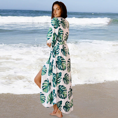 Rayon Japanese Banana Leaf Loose Sunscreen Clothes Beach Cover-up Bikini Jacket Swimsuit Outwear Women Cardigan