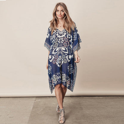Navy Blue Positioning Floral Chiffon V neck Loose Beach Cover Up Beach Dress Swimwear Cover up Women Cover