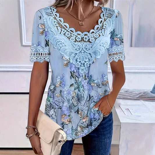 Women's Lace Patchwork Crew Neck Short Sleeve T-Shirt