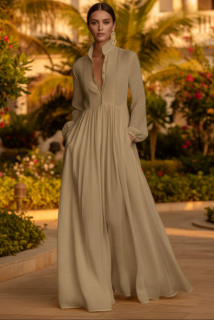 Women's French Style Long Sleeve Pleated A-Line Maxi Dress