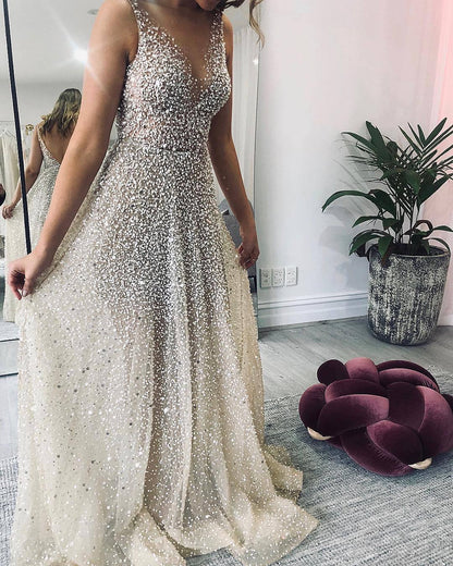 Spring Summer Women Clothing Gold V neck Dress Sling Gradient Mop Dress