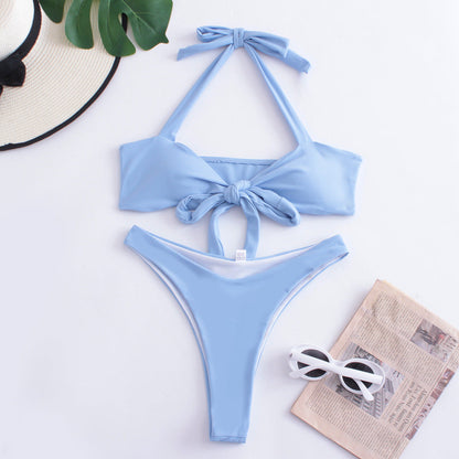 Bikini Split Swimsuit Women Gathered Solid Color Nylon Swimsuit