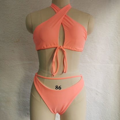 Split Tether Criss Cross Halterneck Bikini Sexy Swimsuit Bikini Solid Color Swimsuit