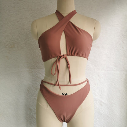 Split Tether Criss Cross Halterneck Bikini Sexy Swimsuit Bikini Solid Color Swimsuit
