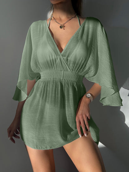 Summer Bikini Beach Dress Sun Protection by the Sea V neck Waist Controlled Long Sleeves Backless Blouse Women