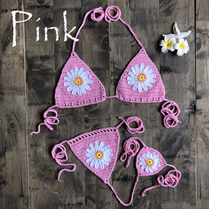 Vacation Split Swimsuit Hand-Woven Daisy Pattern Beach Bikini