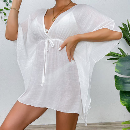 Drop Shoulder Loose Beach Cover-up Solid Color Sun Protection Shirt Waist Trimming Lace up Beach Cover Up