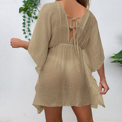 Drop Shoulder Loose Beach Cover-up Solid Color Sun Protection Shirt Waist Trimming Lace up Beach Cover Up