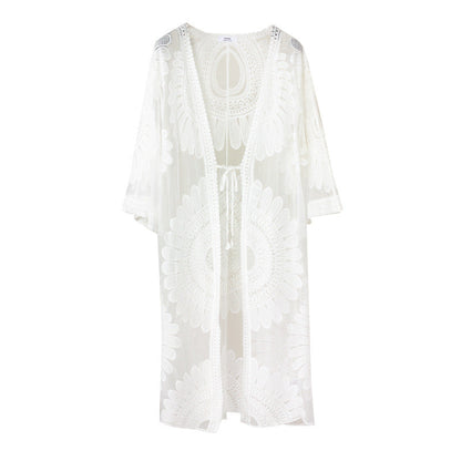 SUNFLOWER Lace Embroidered Beach Cover Up Vacation Sun Protection Cardigan