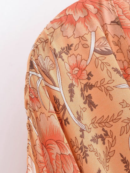 Rayon Printed Cardigan Loose Sleeves Short Lace Up Kimono