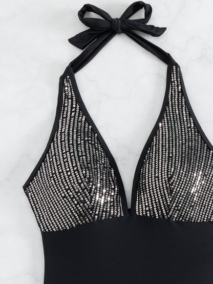 One Piece Swimsuit Women One Piece Halter Sequined Sexy Backless Bikini Swimsuit