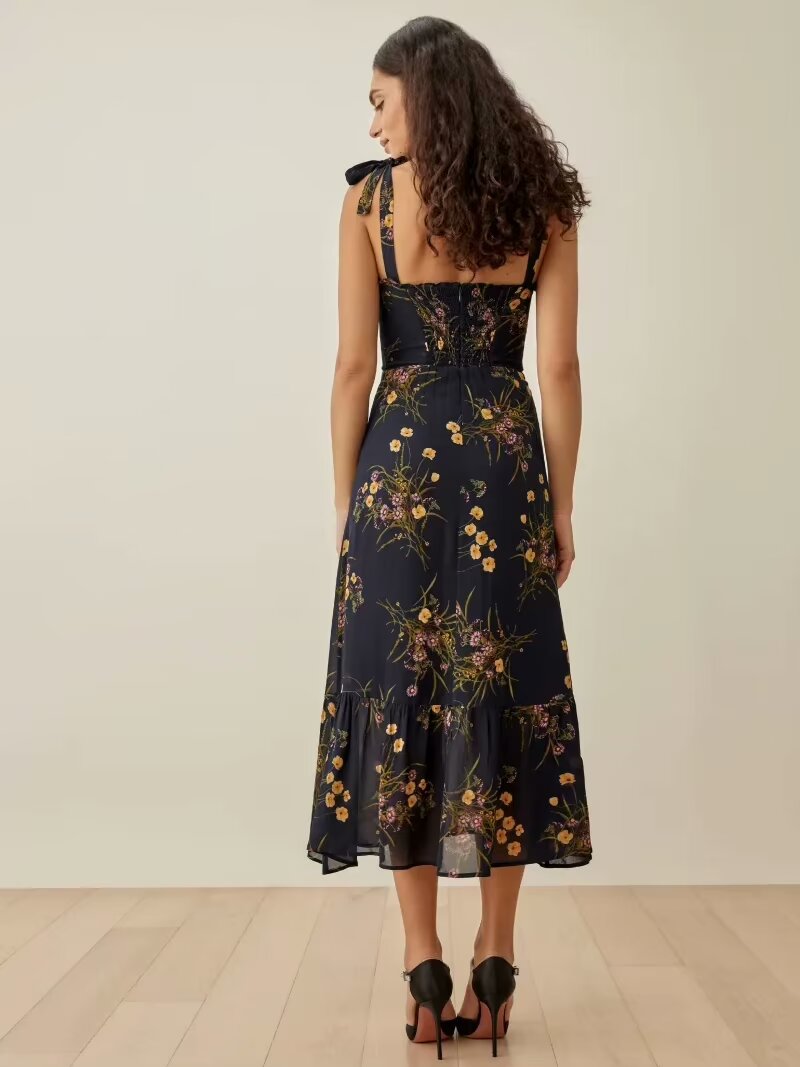 Black Camisole Floral Dress Temperamental Fairy Sweet French Midi Dress
