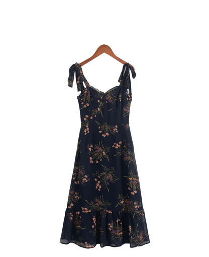 Black Camisole Floral Dress Temperamental Fairy Sweet French Midi Dress