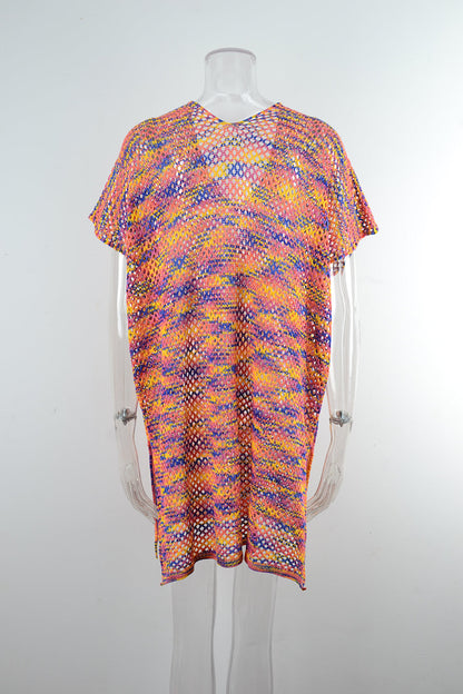 Blouse Summer Rainbow Stitching Hollow Out Cutout Loose Bikini Beach Shirt Knitwear