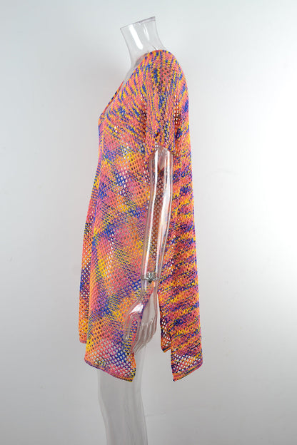 Blouse Summer Rainbow Stitching Hollow Out Cutout Loose Bikini Beach Shirt Knitwear