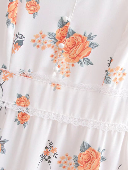 Spring Women Clothing Sweet Lace Stitching Printing Slip Dress