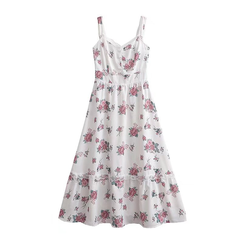 Spring Women Clothing Sweet Lace Stitching Printing Slip Dress
