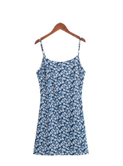 Fresh Dress Spring Summer Retro Blue Floral Slim Fitting Slip Dress